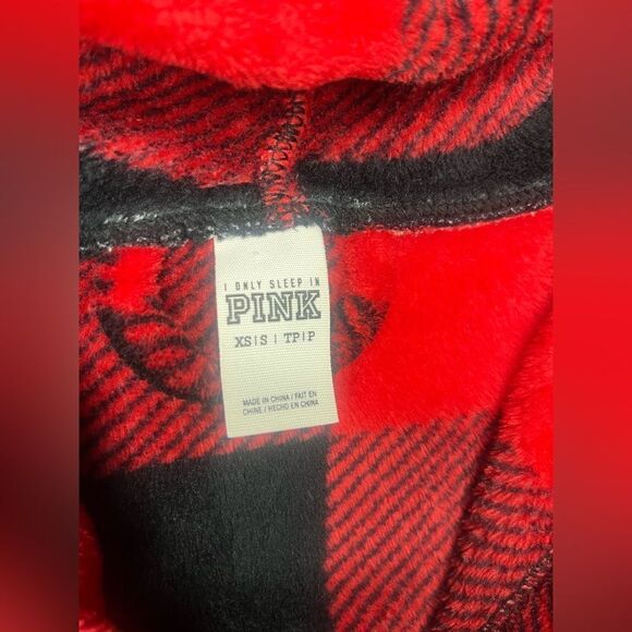 Victoria's Secret Pink Bling Plaid Fleece Hooded Robe Red/Black/Silver Dog XS - Picture 4 of 10